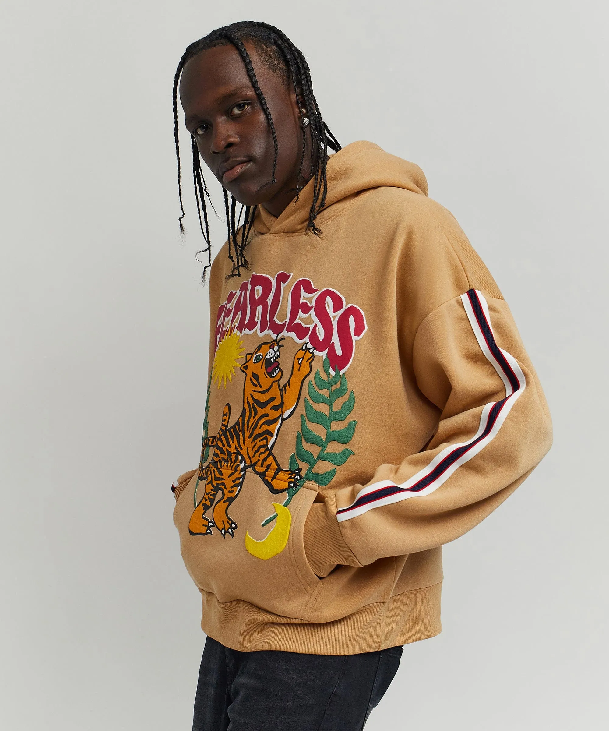 Oversized Fearless Tape Trip Hoodie - Khaki