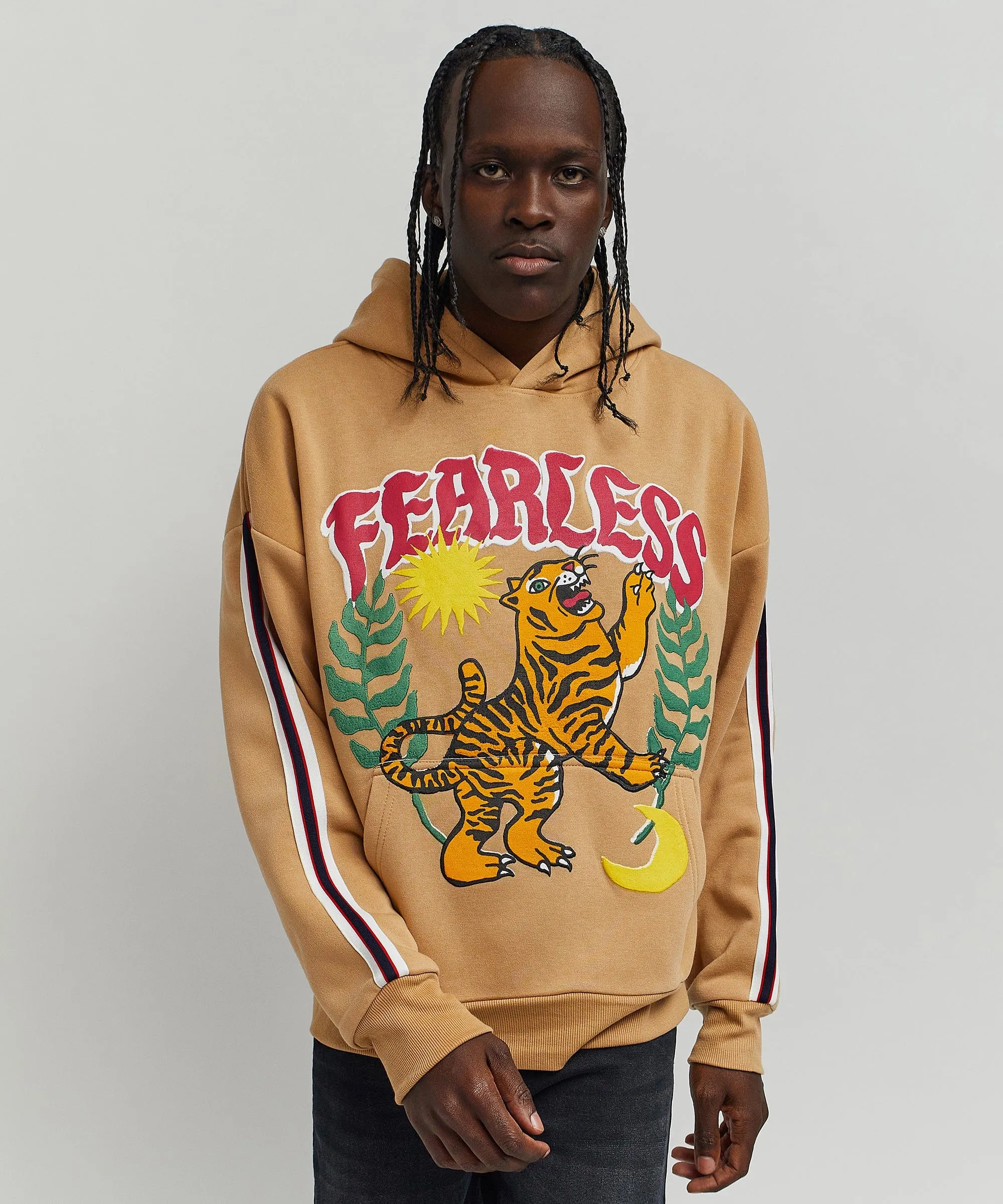 Oversized Fearless Tape Trip Hoodie - Khaki