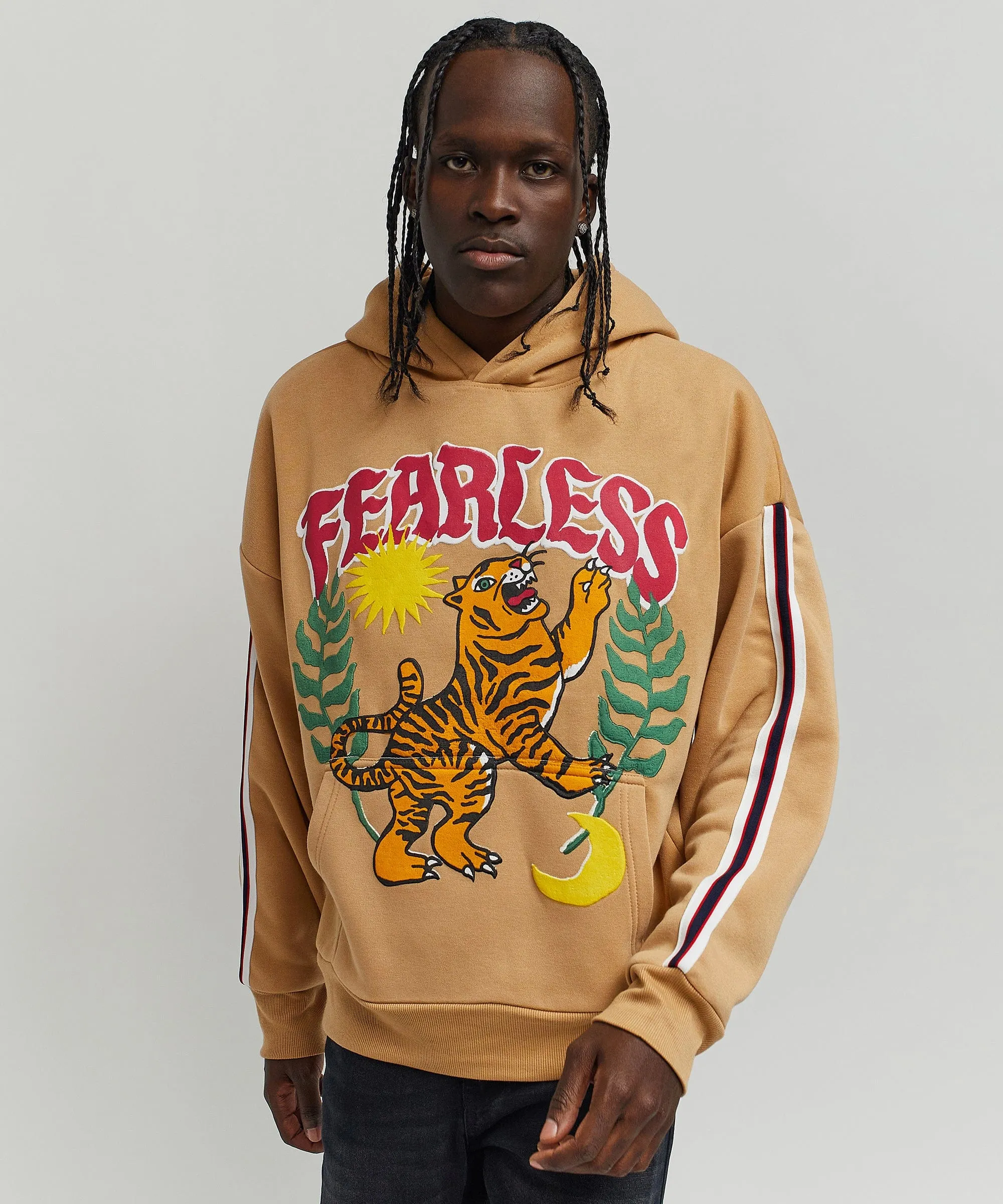 Oversized Fearless Tape Trip Hoodie - Khaki