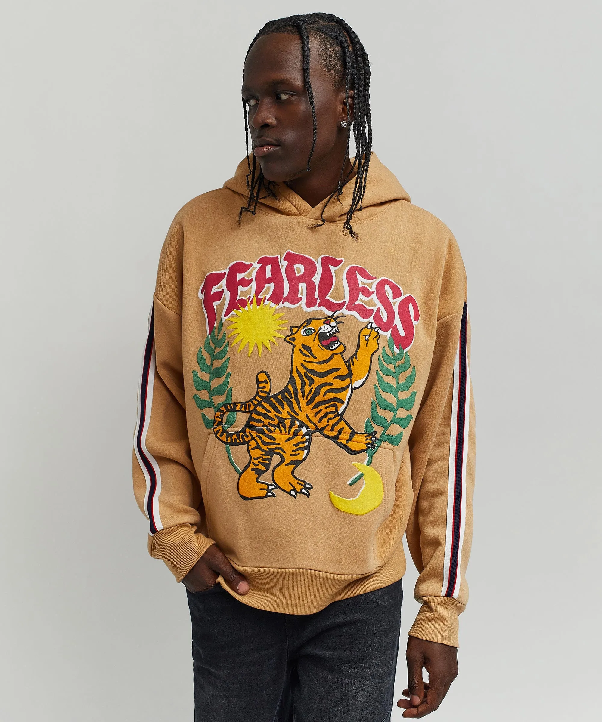 Oversized Fearless Tape Trip Hoodie - Khaki