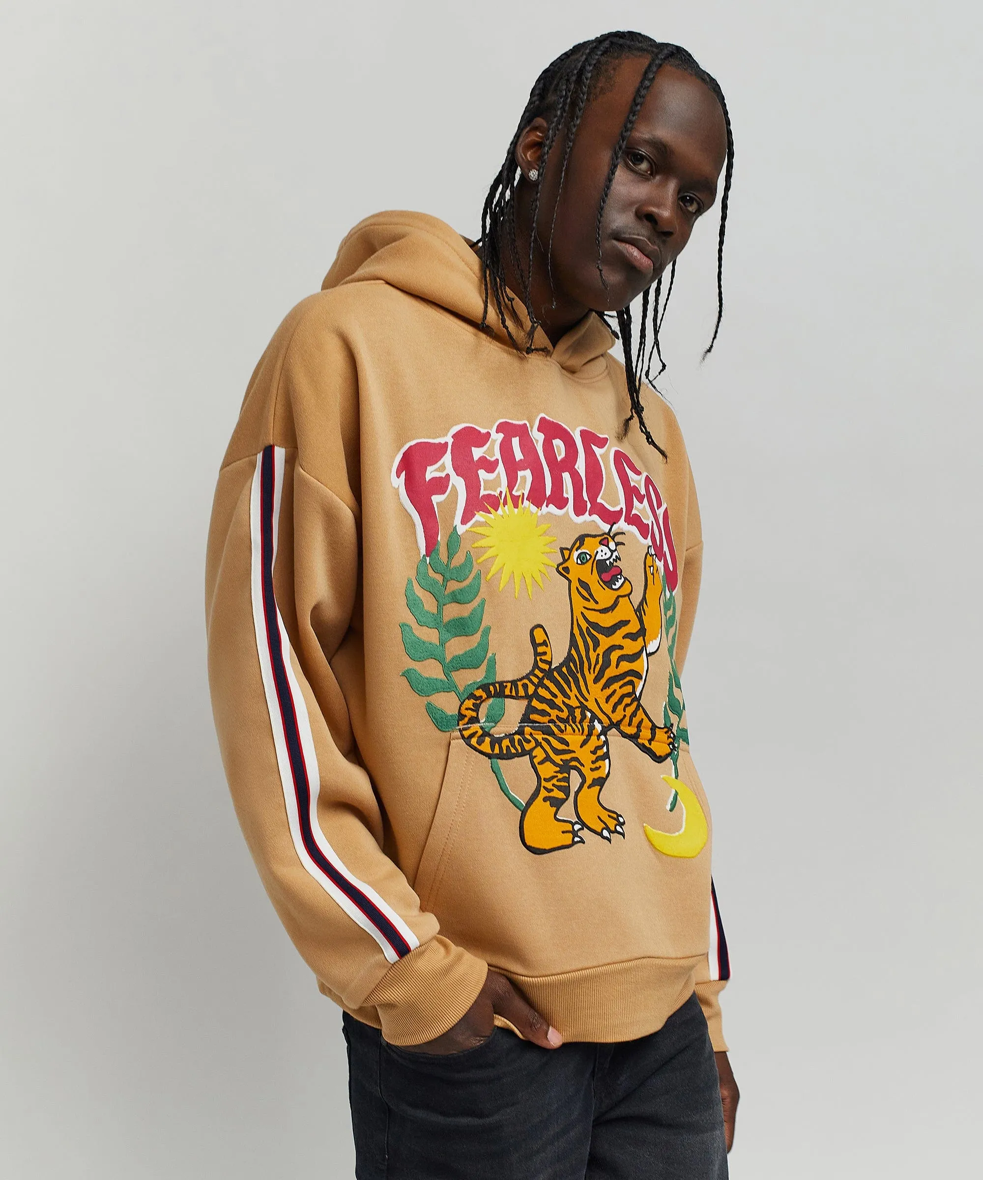 Oversized Fearless Tape Trip Hoodie - Khaki