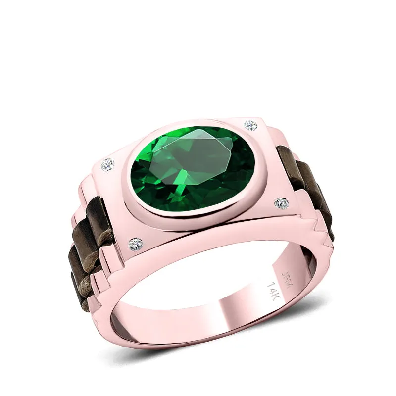 Princess Cut Emerald Men's Ring with Natural White Diamonds in 14K Rose Gold Engraved Male Band