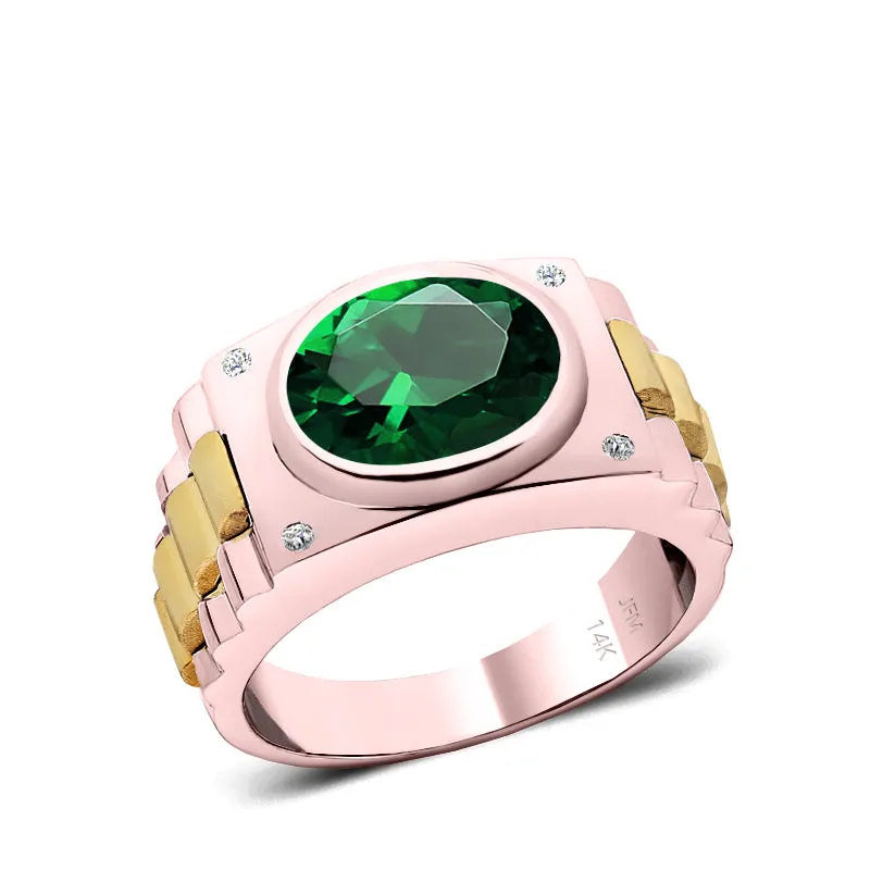 Princess Cut Emerald Men's Ring with Natural White Diamonds in 14K Rose Gold Engraved Male Band