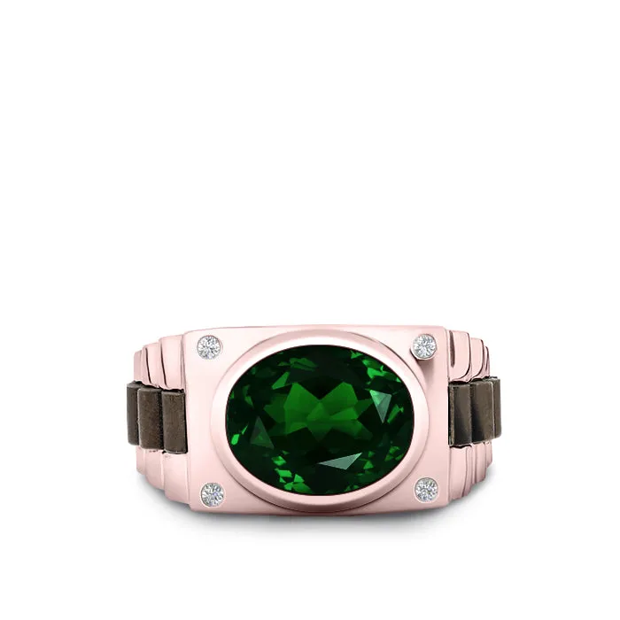 Princess Cut Emerald Men's Ring with Natural White Diamonds in 14K Rose Gold Engraved Male Band