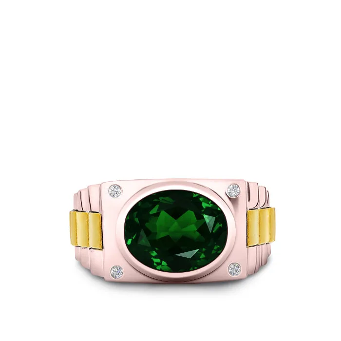 Princess Cut Emerald Men's Ring with Natural White Diamonds in 14K Rose Gold Engraved Male Band