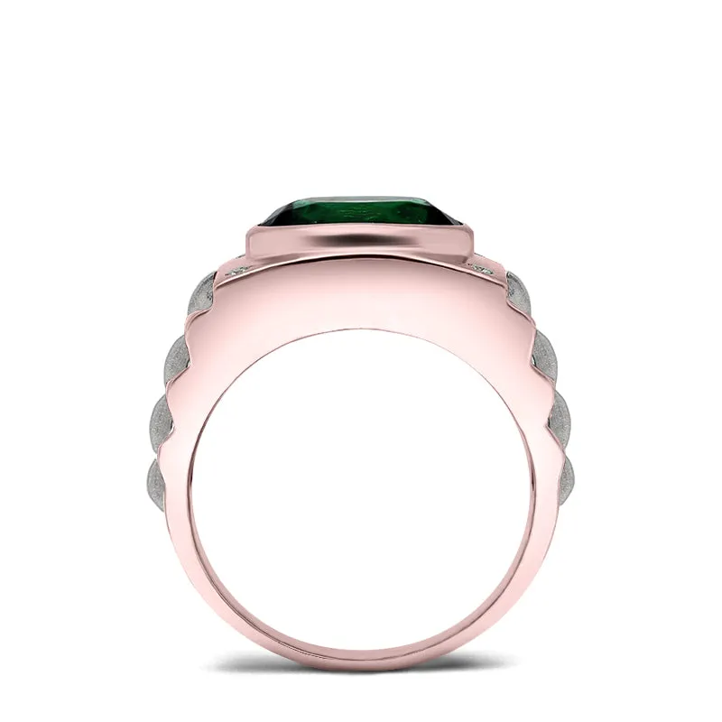 Princess Cut Emerald Men's Ring with Natural White Diamonds in 14K Rose Gold Engraved Male Band