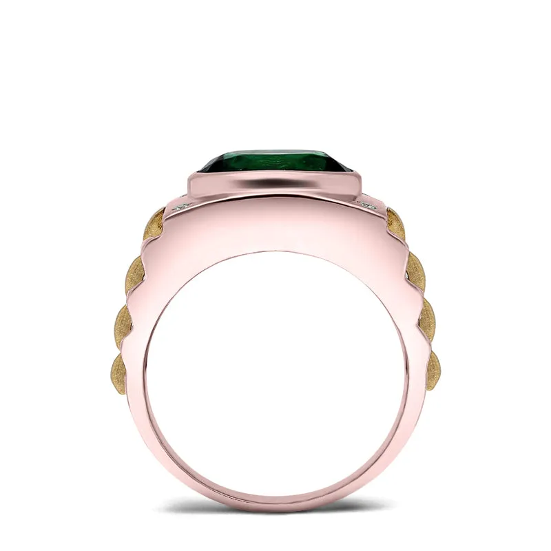 Princess Cut Emerald Men's Ring with Natural White Diamonds in 14K Rose Gold Engraved Male Band