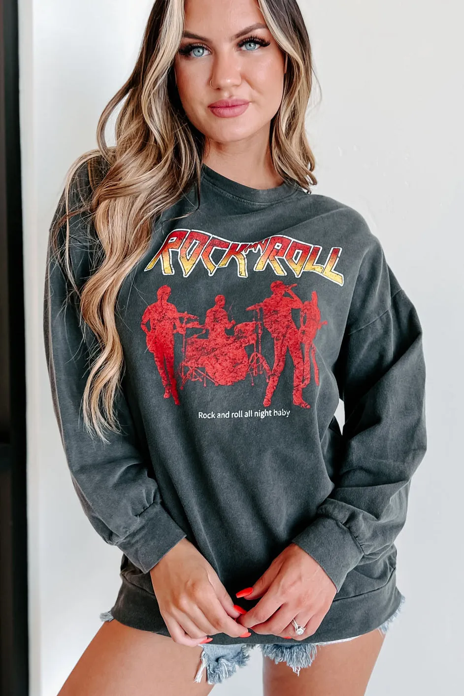 "Rock & Roll All Night Baby" Graphic Long Sleeve Top (Charcoal)