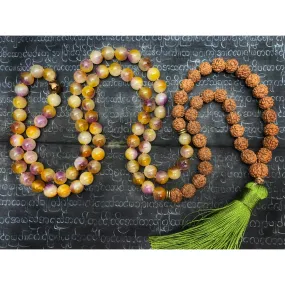 Rudraksha with Colored Jade 8mm Knotted Mala with Silk Tassel #112