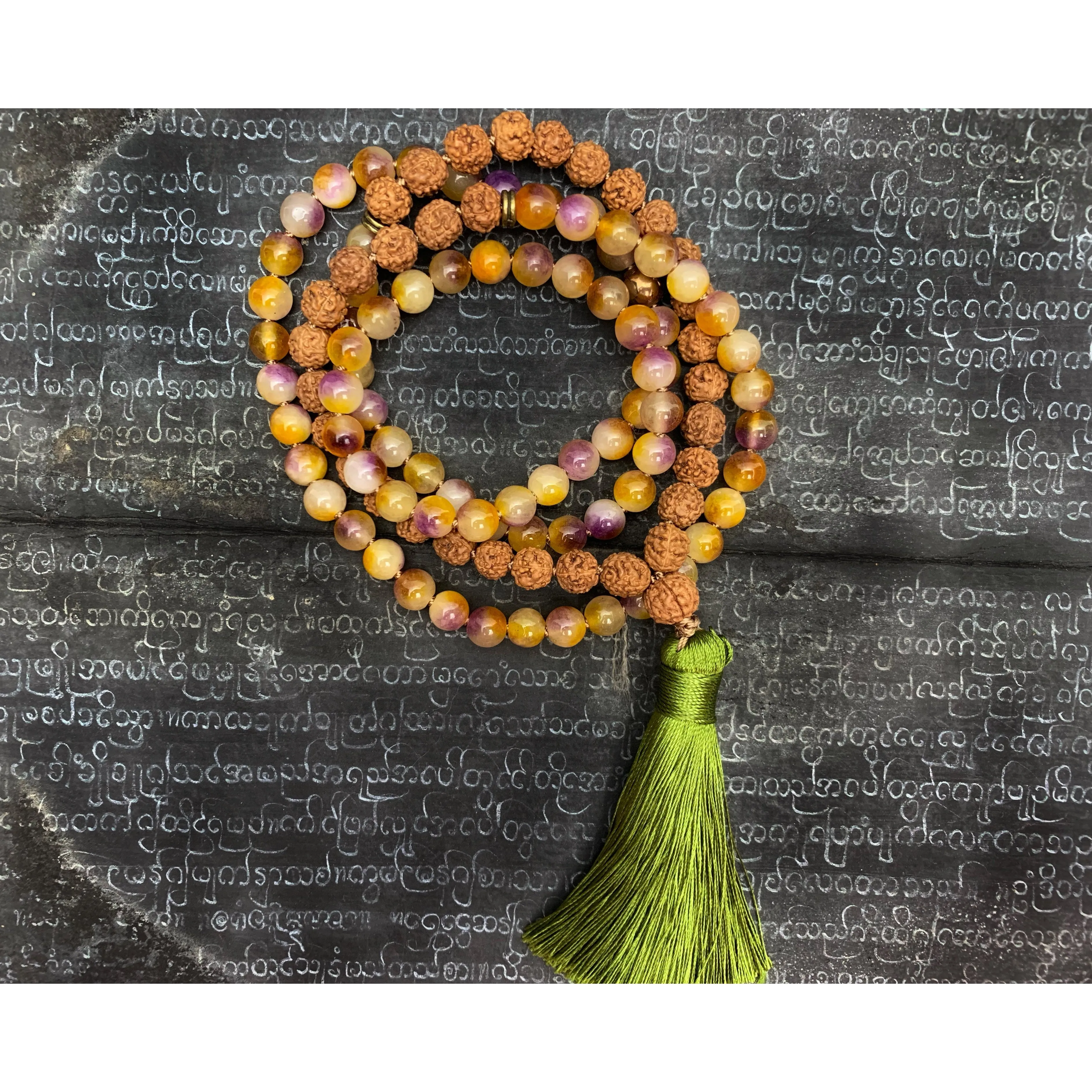 Rudraksha with Colored Jade 8mm Knotted Mala with Silk Tassel #112