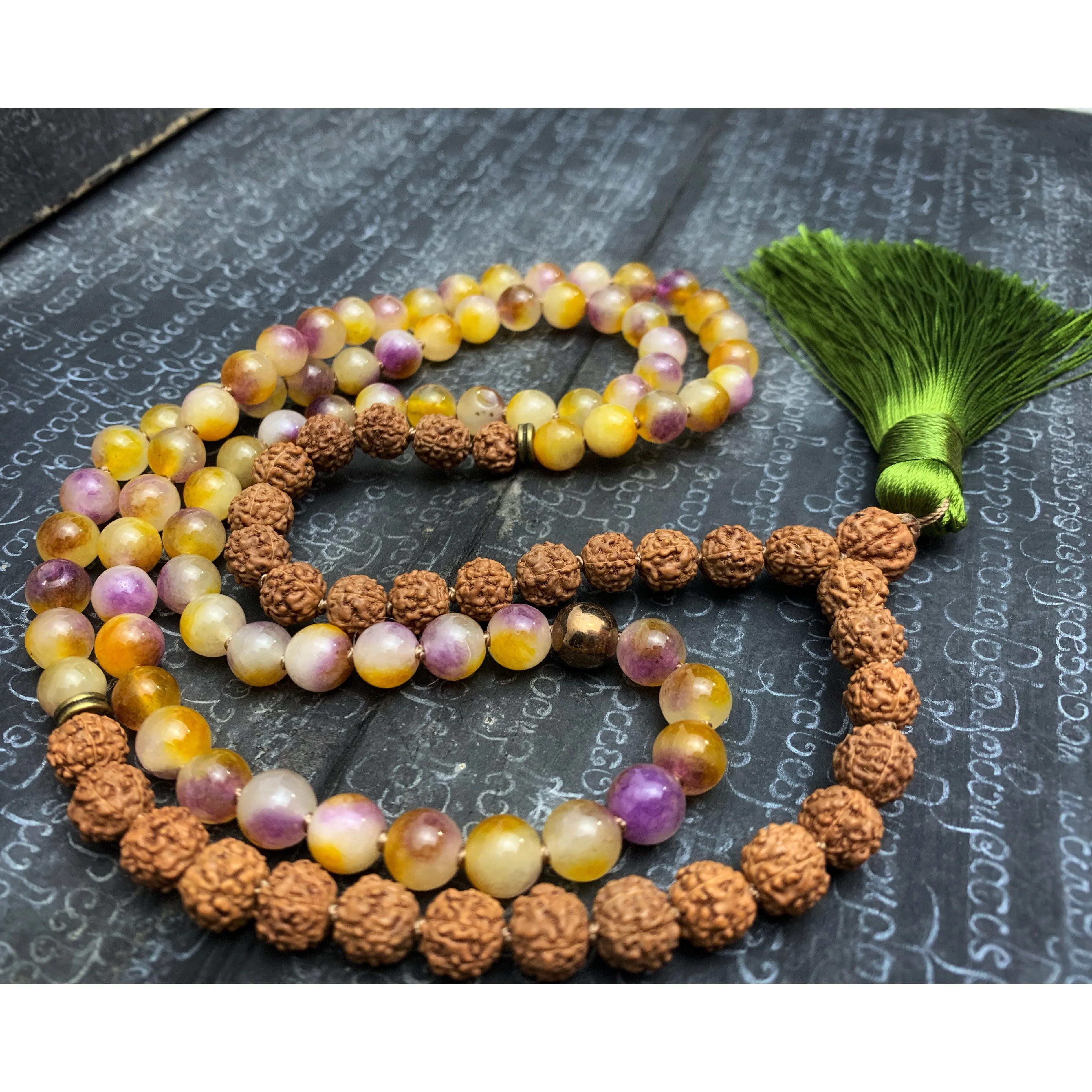 Rudraksha with Colored Jade 8mm Knotted Mala with Silk Tassel #112