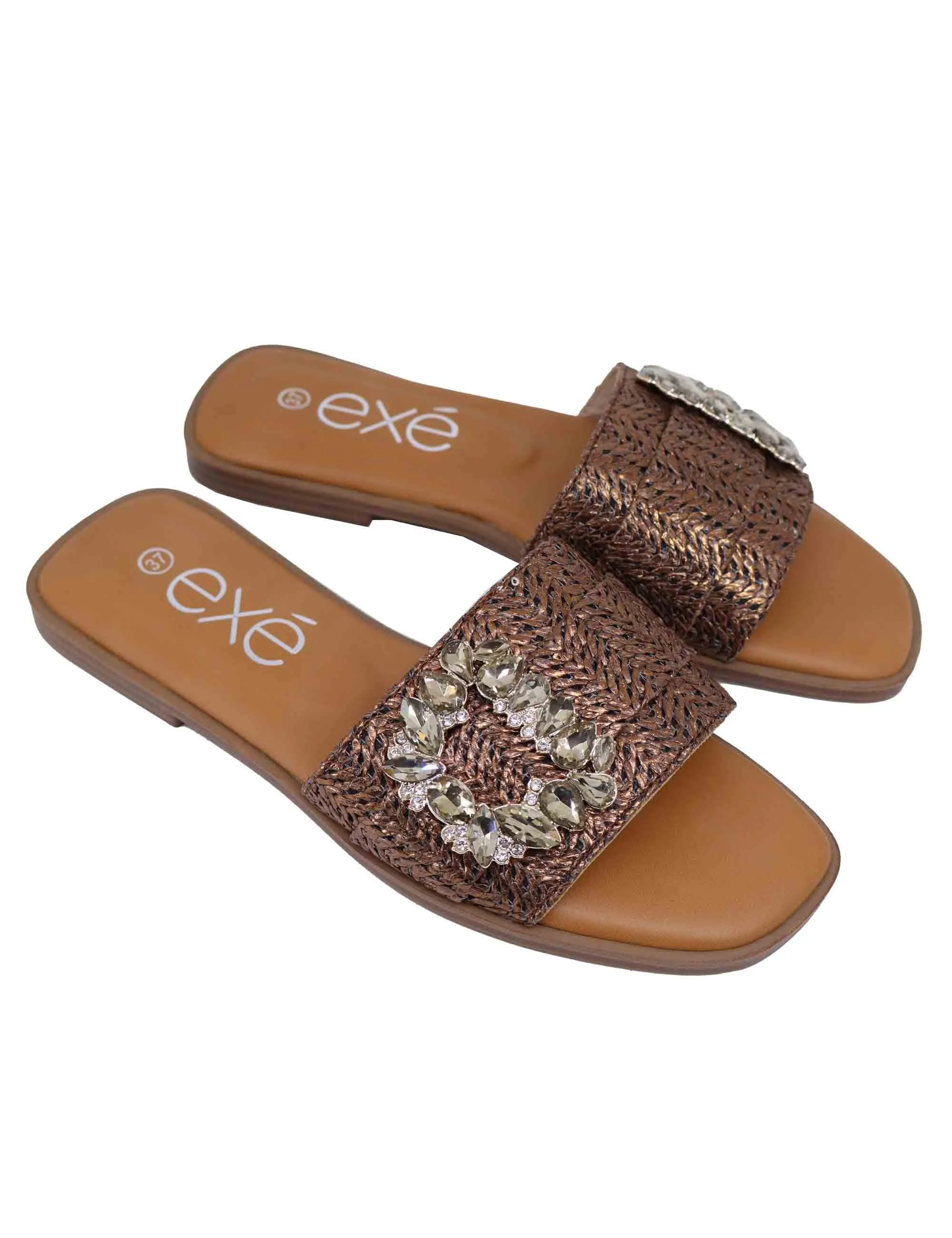 Sandali flat donna in tessuto bronzo con fibbia in strass