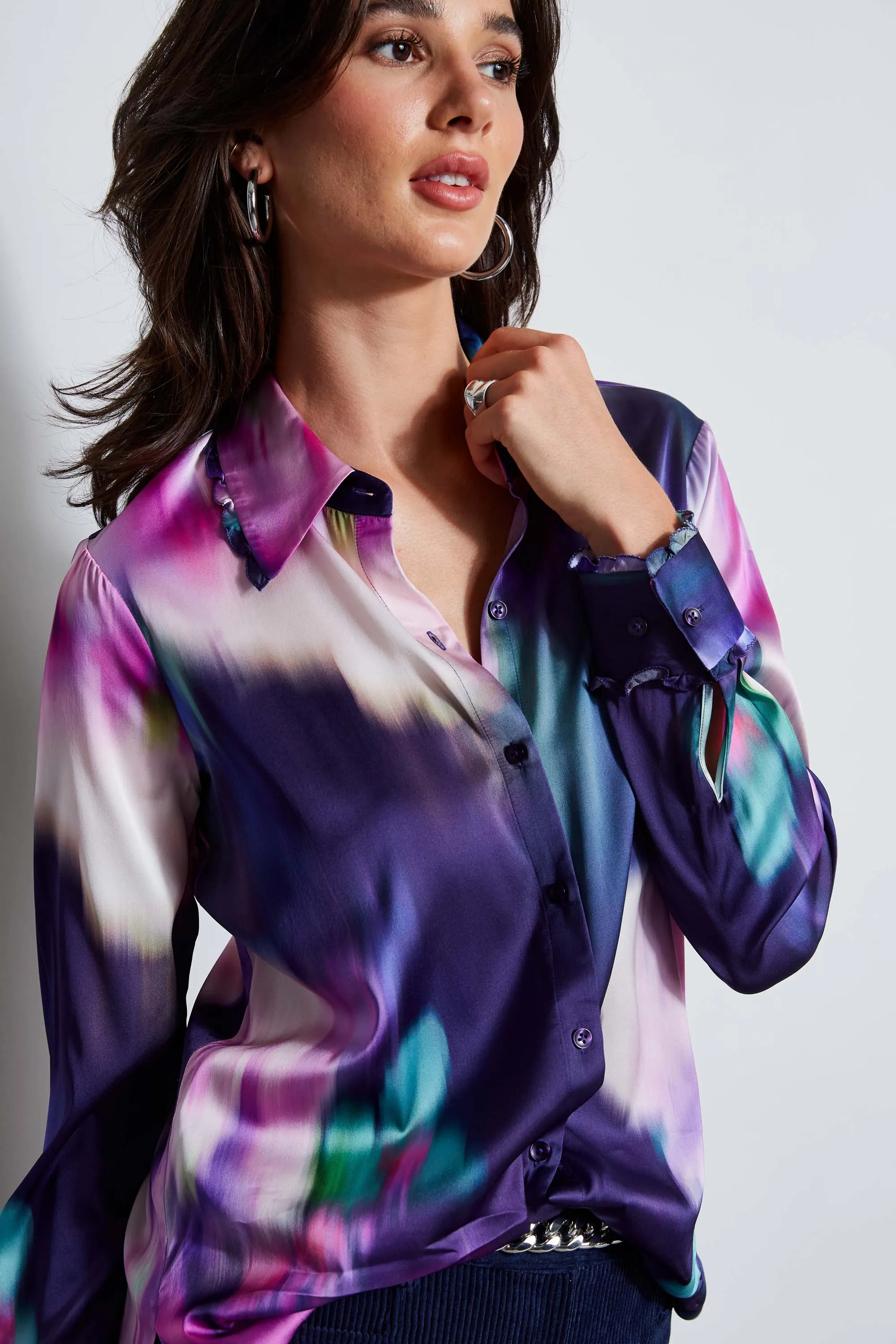 Silk Satin Moire Floral Shirt