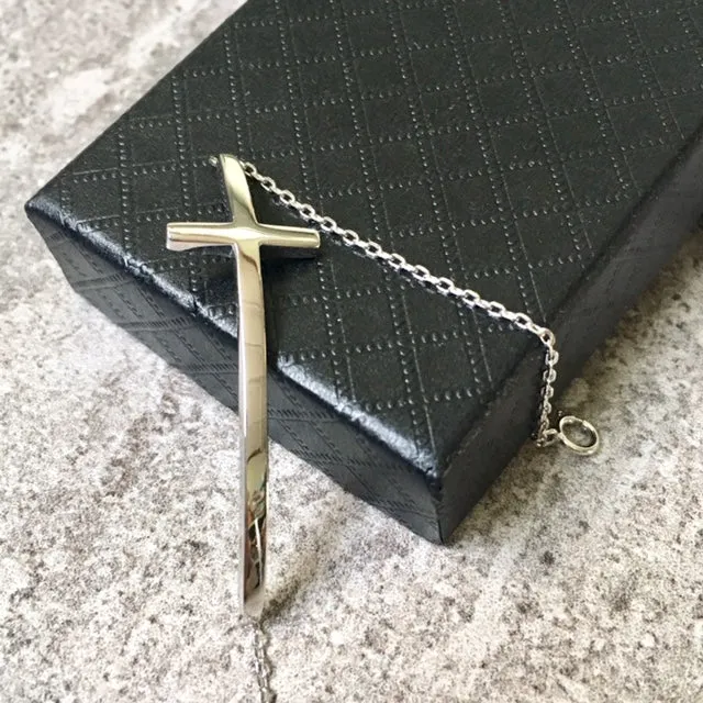 SOLID 925 STERLING SILVER SIDEWAYS CROSS DAINTY BRACELET