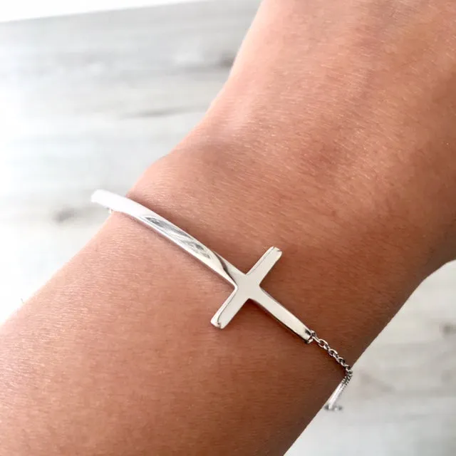 SOLID 925 STERLING SILVER SIDEWAYS CROSS DAINTY BRACELET