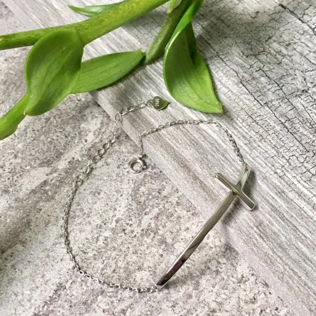 SOLID 925 STERLING SILVER SIDEWAYS CROSS DAINTY BRACELET