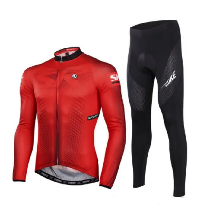 Solid Red Men Long Sleeve Cycling Jersey Set