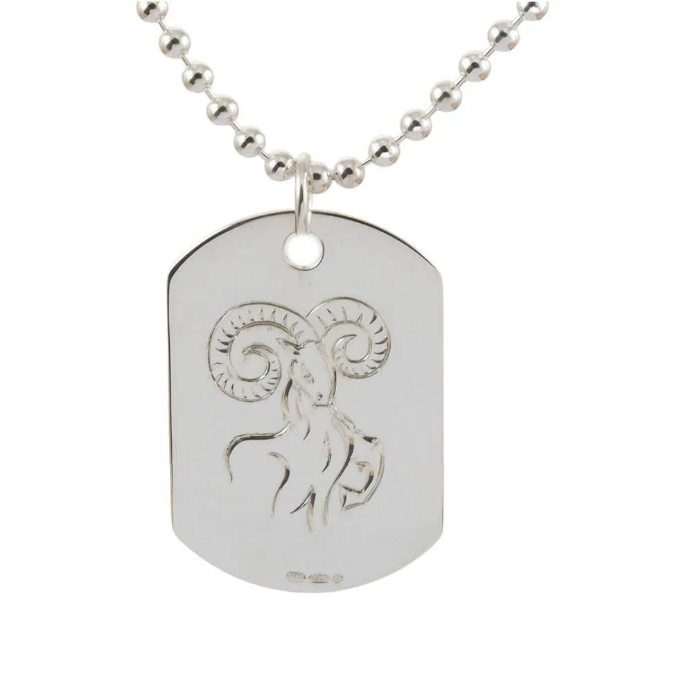 Solid Silver Mens Dog Tag Aries Zodiac Engraved