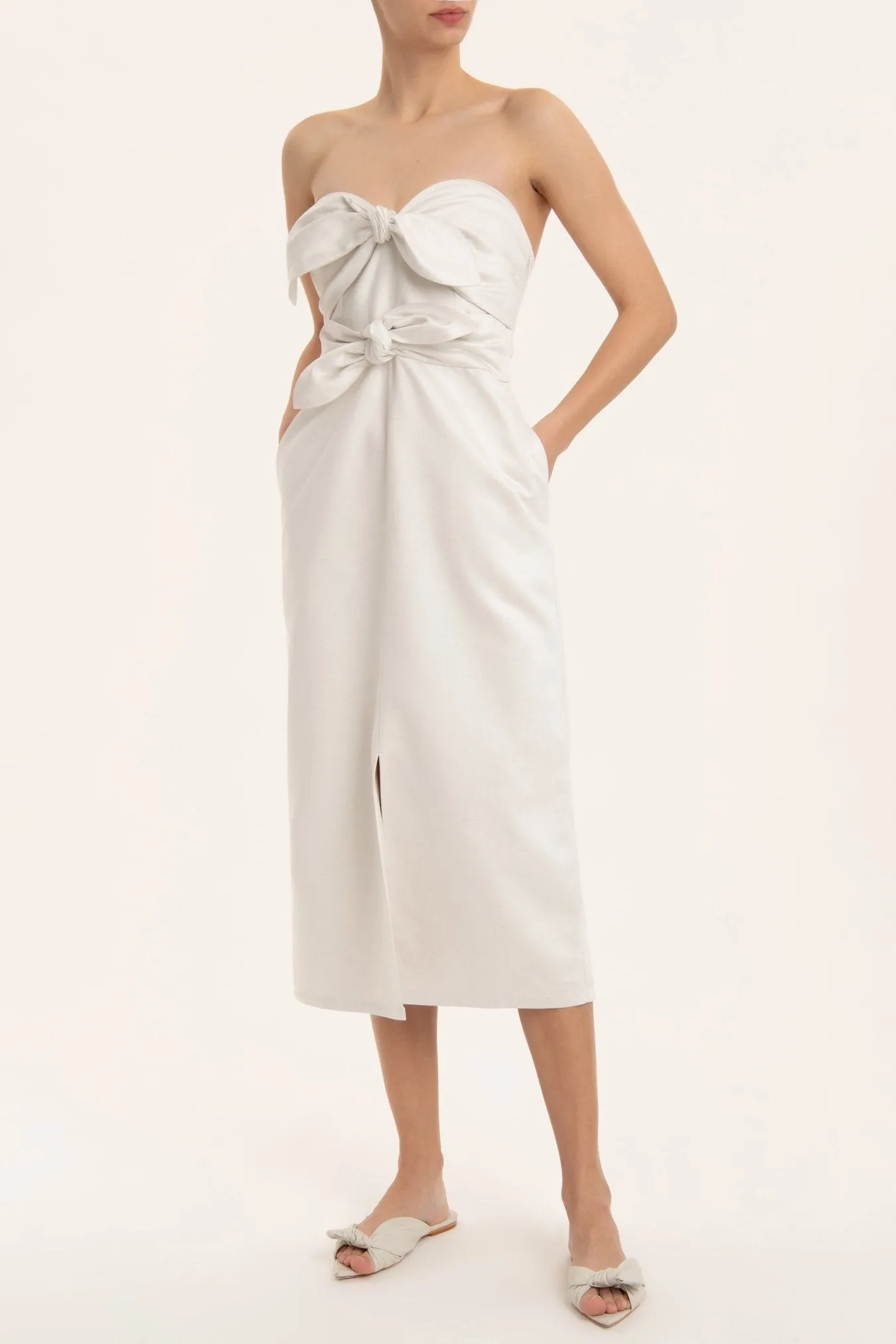 Solid Strapless Midi Dress With Double Knot