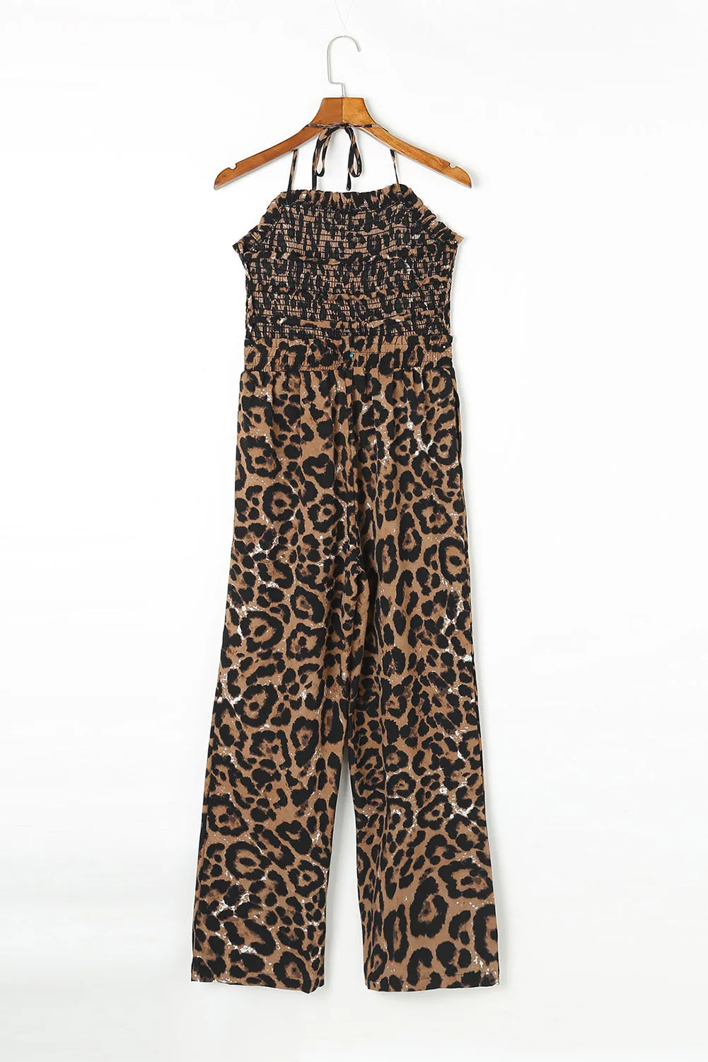 Sunset and Swim Leopard Smocked Halter Neck Jumpsuit