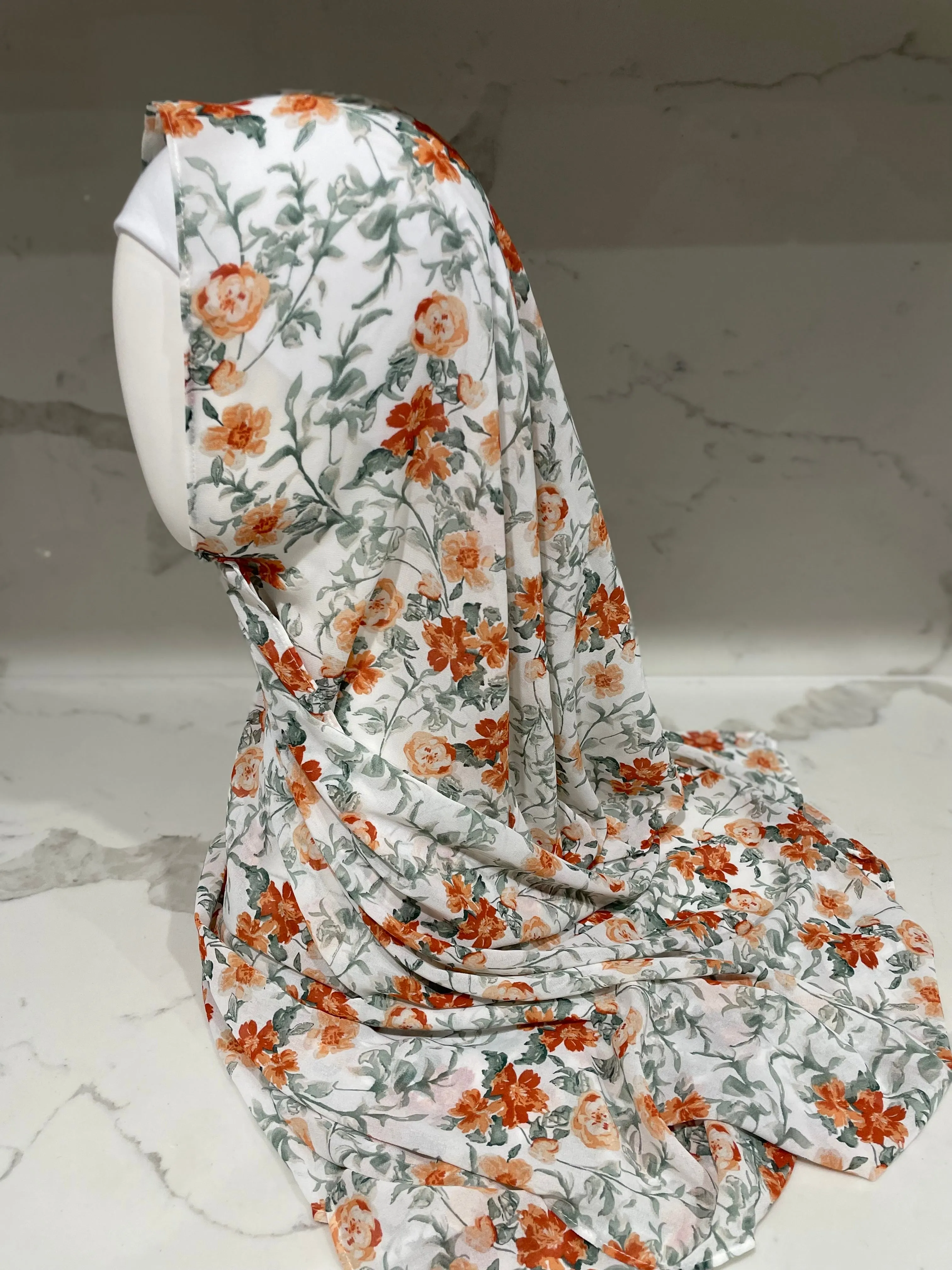 White/Orange Printed Shawl