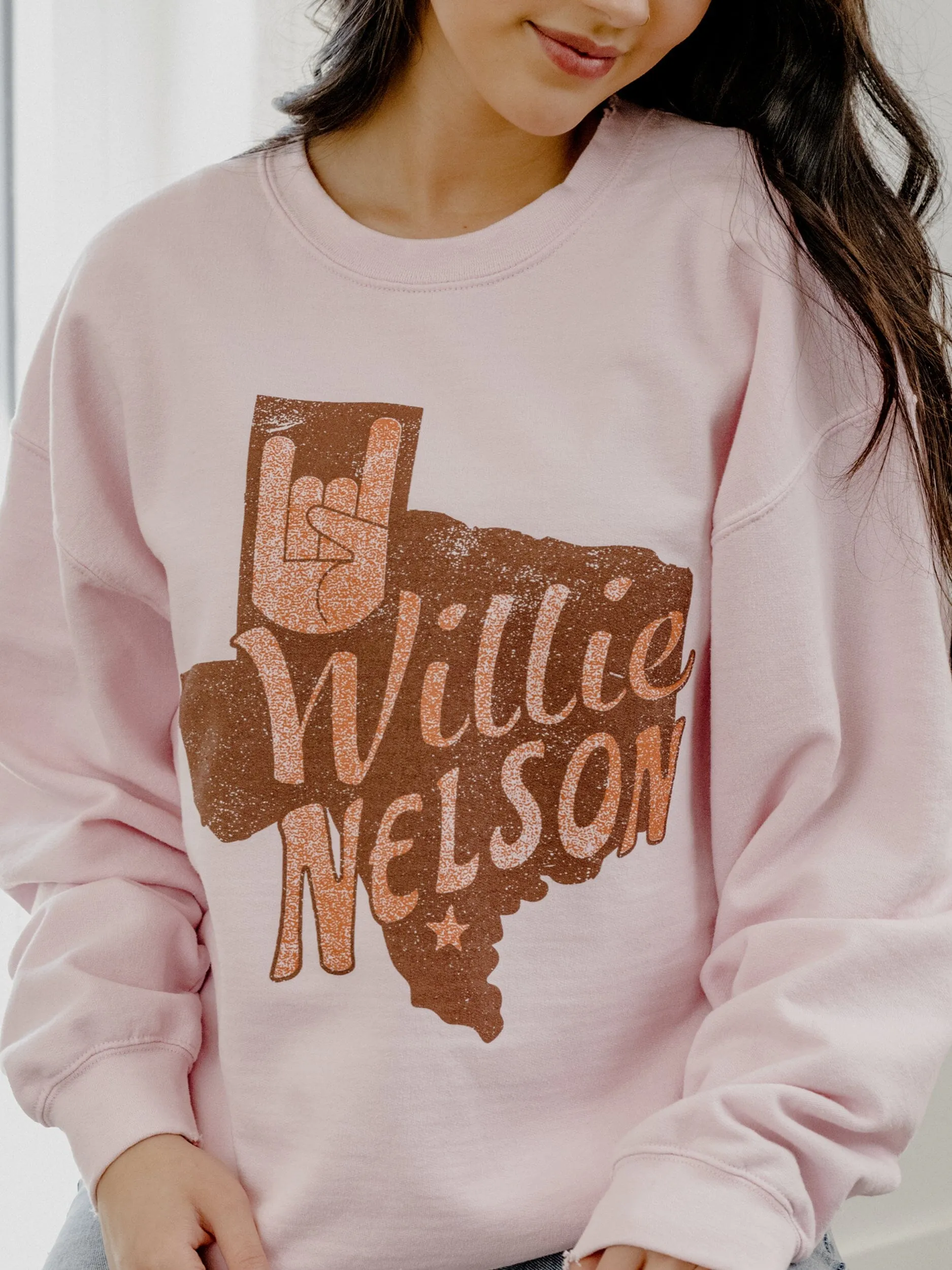 Willie Nelson UT Hook 'Em Horns Hand Sign Pink Thrifted Sweatshirt