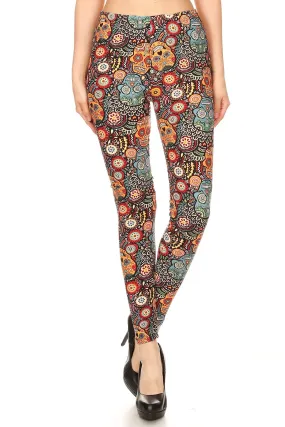 Women's 3X 5X Ornate Sugar Skull Pattern Printed Leggings