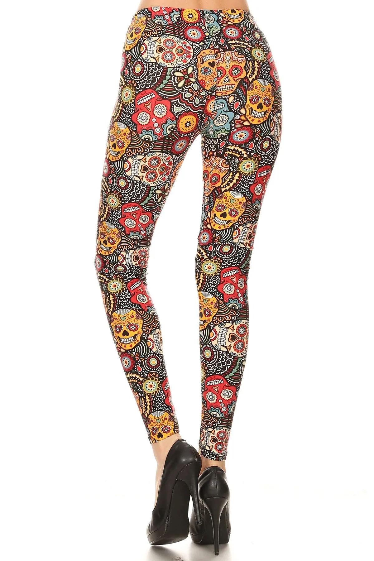 Women's 3X 5X Ornate Sugar Skull Pattern Printed Leggings