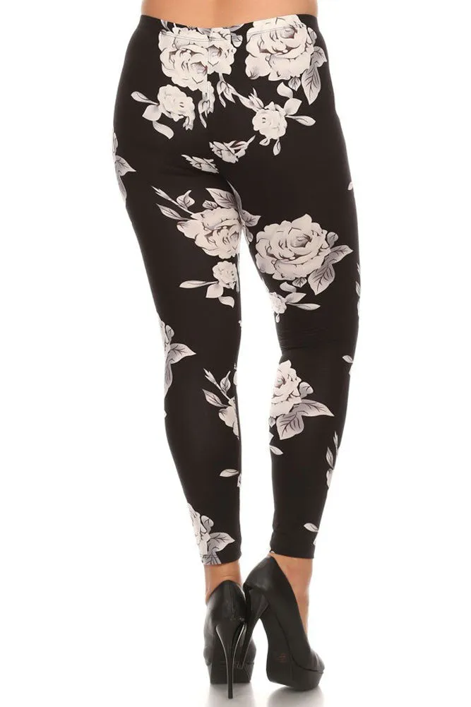 Women's Plus Big White Rose Pattern Print Leggings - Black White