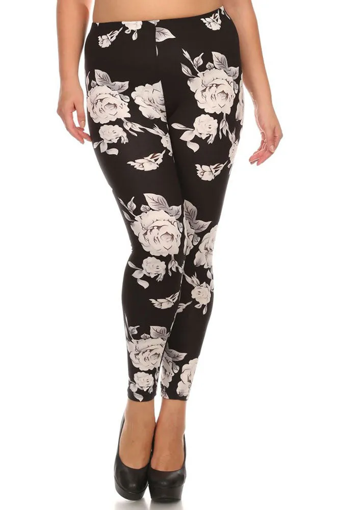 Women's Plus Big White Rose Pattern Print Leggings - Black White