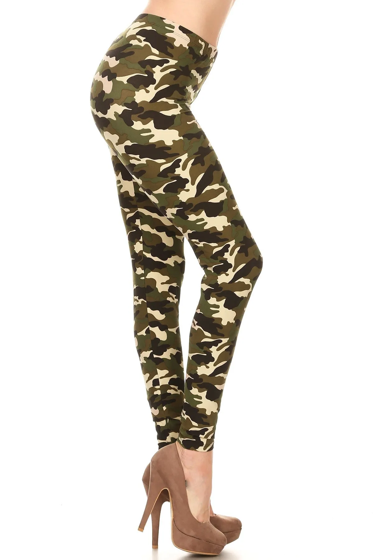 Women's Regular Camouflage Military Look Pattern Printed Leggings - Khaki Olive