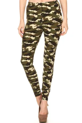 Women's Regular Camouflage Military Look Pattern Printed Leggings - Khaki Olive